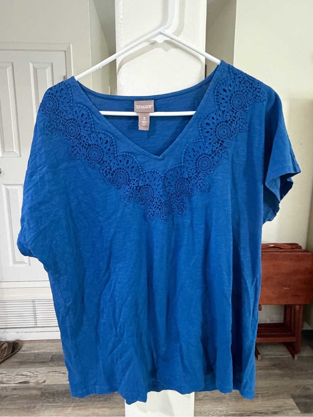 Chico's Blue V-Neck Top with Crochet Lace Yoke